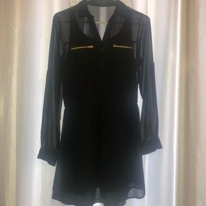 Black Long Sleeved Short Dress With Gold Zippers.